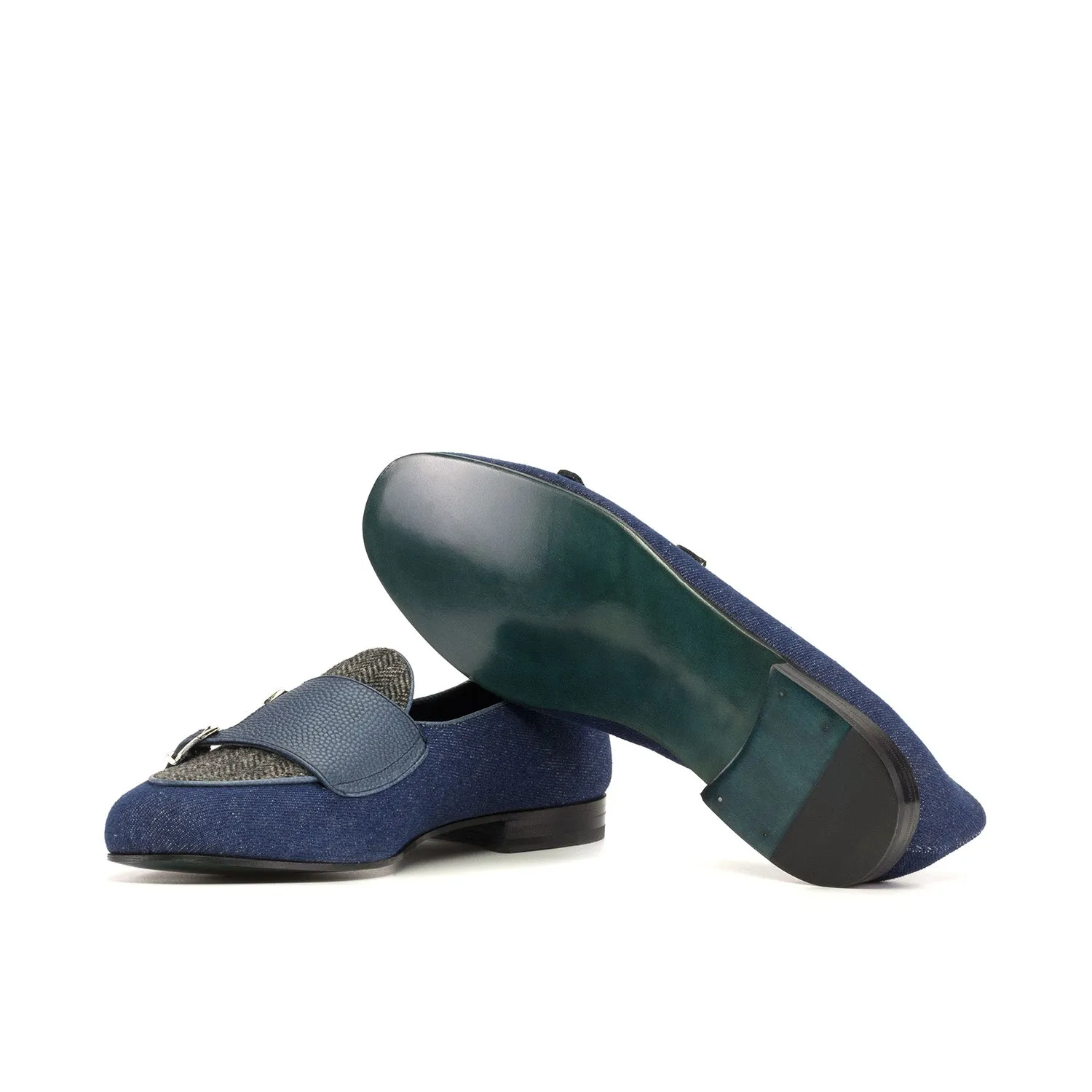 Ambrogio Bespoke Men's Shoes Navy Multi Fabric / Leather Double Monk-Strap Loafers (AMB2555)