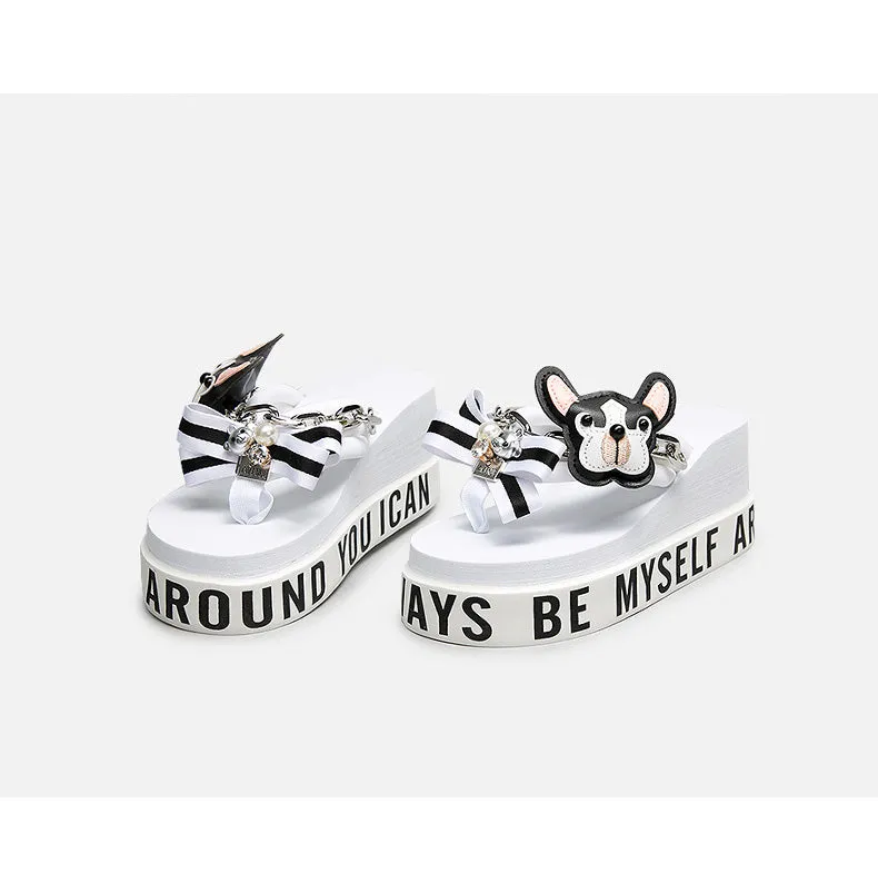 BELLALILY FLORAL BOW AND PUPPY PLATFORM FLIP FLOP