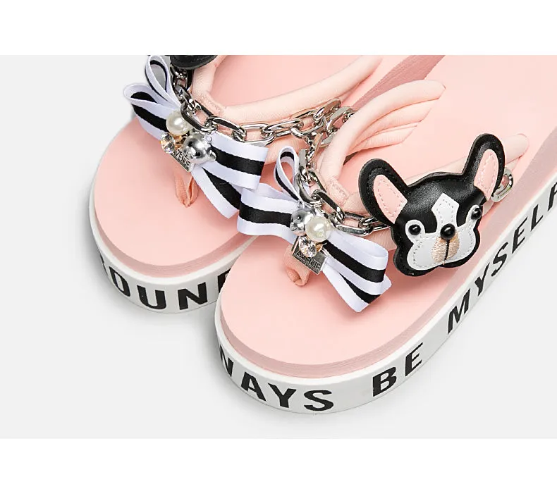 BELLALILY FLORAL BOW AND PUPPY PLATFORM FLIP FLOP