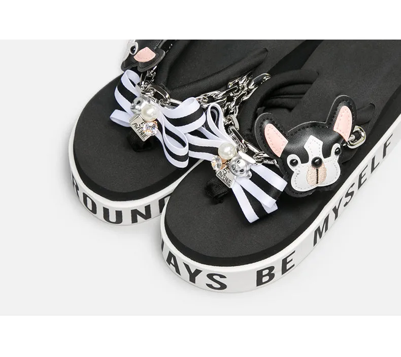 BELLALILY FLORAL BOW AND PUPPY PLATFORM FLIP FLOP
