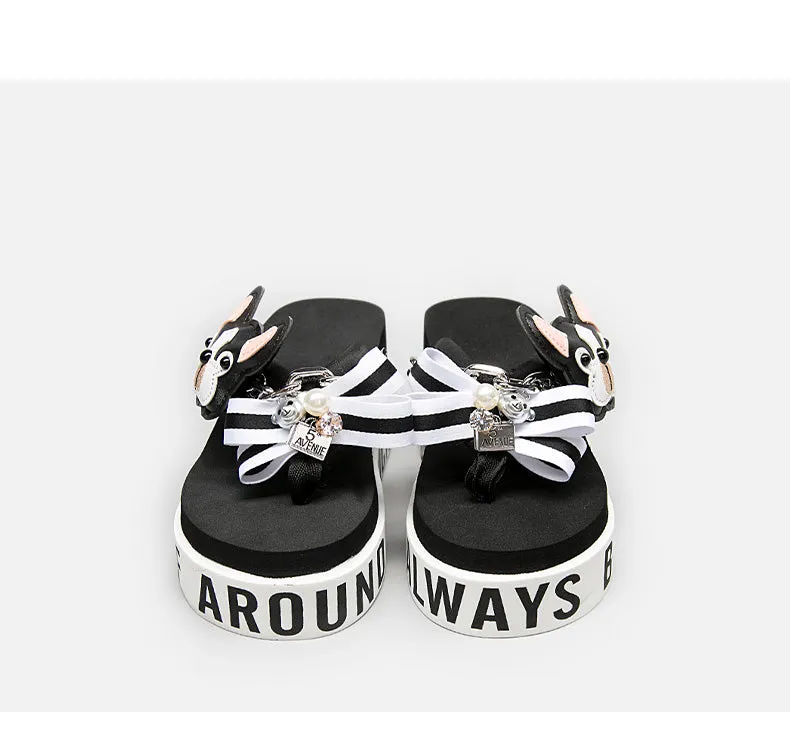 BELLALILY FLORAL BOW AND PUPPY PLATFORM FLIP FLOP