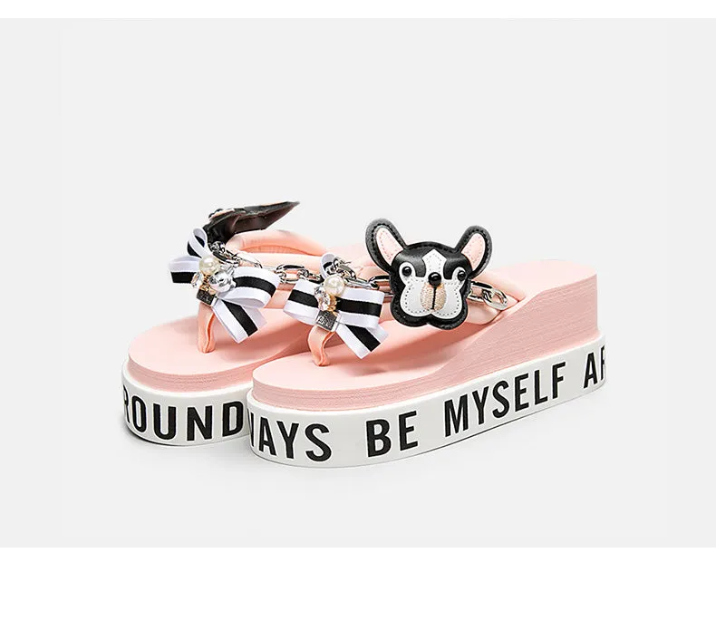 BELLALILY FLORAL BOW AND PUPPY PLATFORM FLIP FLOP