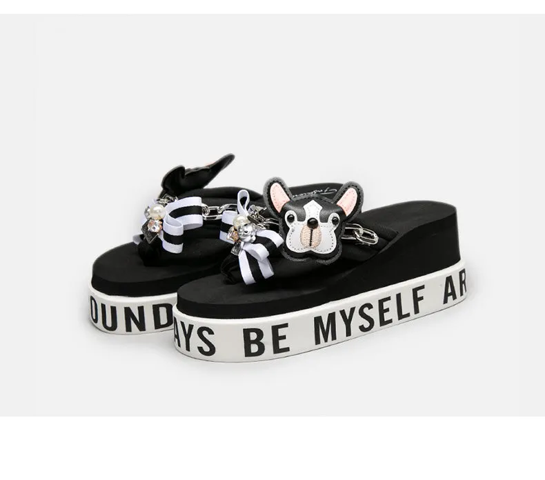 BELLALILY FLORAL BOW AND PUPPY PLATFORM FLIP FLOP