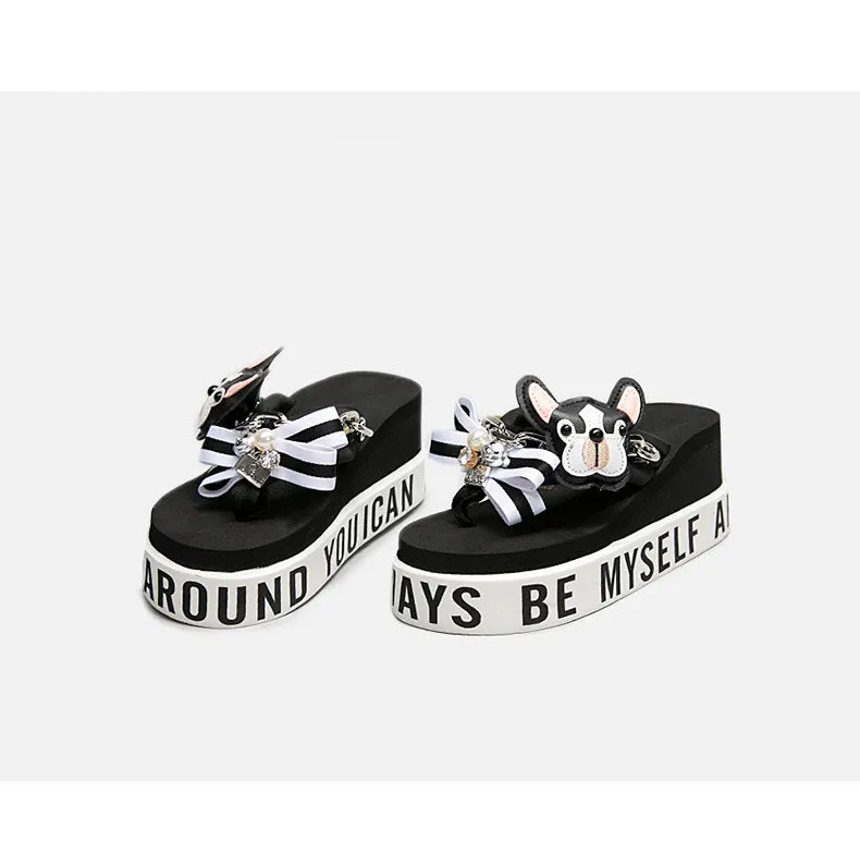 BELLALILY FLORAL BOW AND PUPPY PLATFORM FLIP FLOP