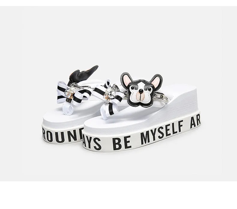 BELLALILY FLORAL BOW AND PUPPY PLATFORM FLIP FLOP