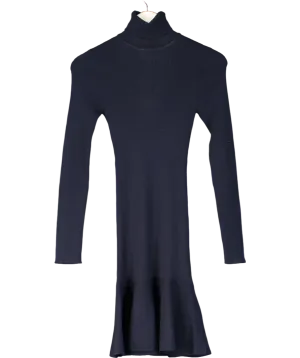 Karen Millen Blue Viscose Blend Knit Roll Neck Belted Flippy Hem Mini Dress UK XS