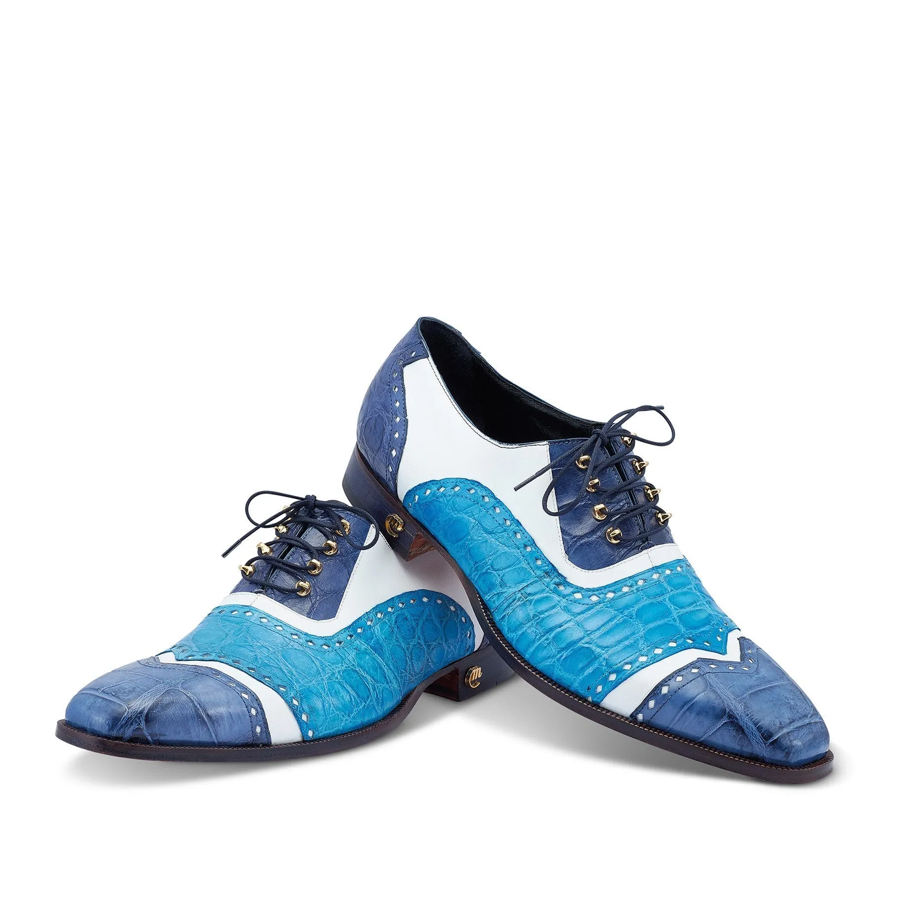 Mauri 3093 Lucky Men's Shoes Two-Tone Blue & White Exotic Alligator/ Calf-Skin Leather Oxfords (MA5428)