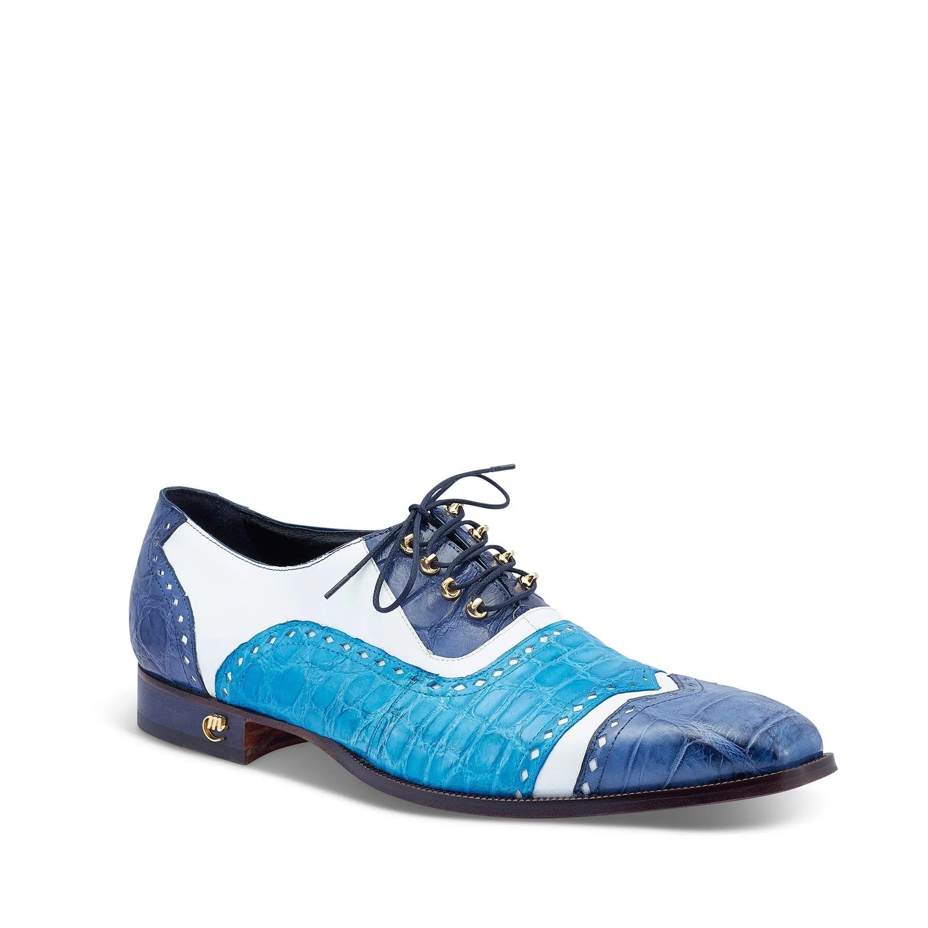 Mauri 3093 Lucky Men's Shoes Two-Tone Blue & White Exotic Alligator/ Calf-Skin Leather Oxfords (MA5428)
