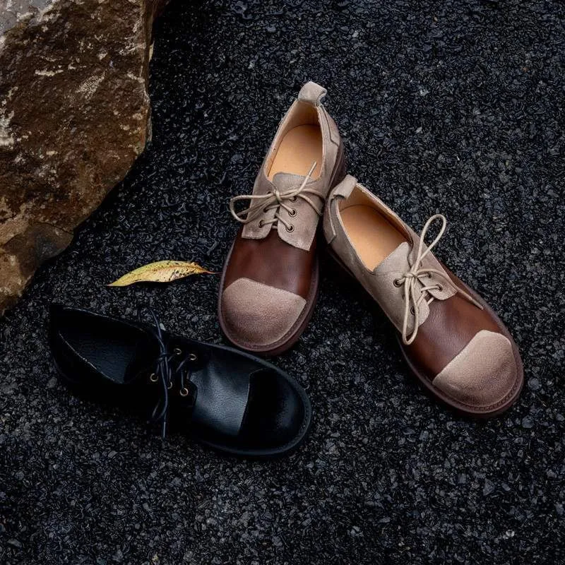 Soft Cow Leather Round Toe Flat Lace Up Oxfords for Women in Black/Brown