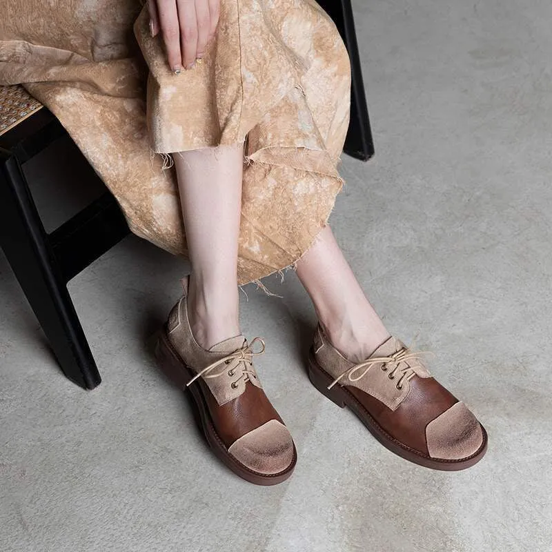Soft Cow Leather Round Toe Flat Lace Up Oxfords for Women in Black/Brown