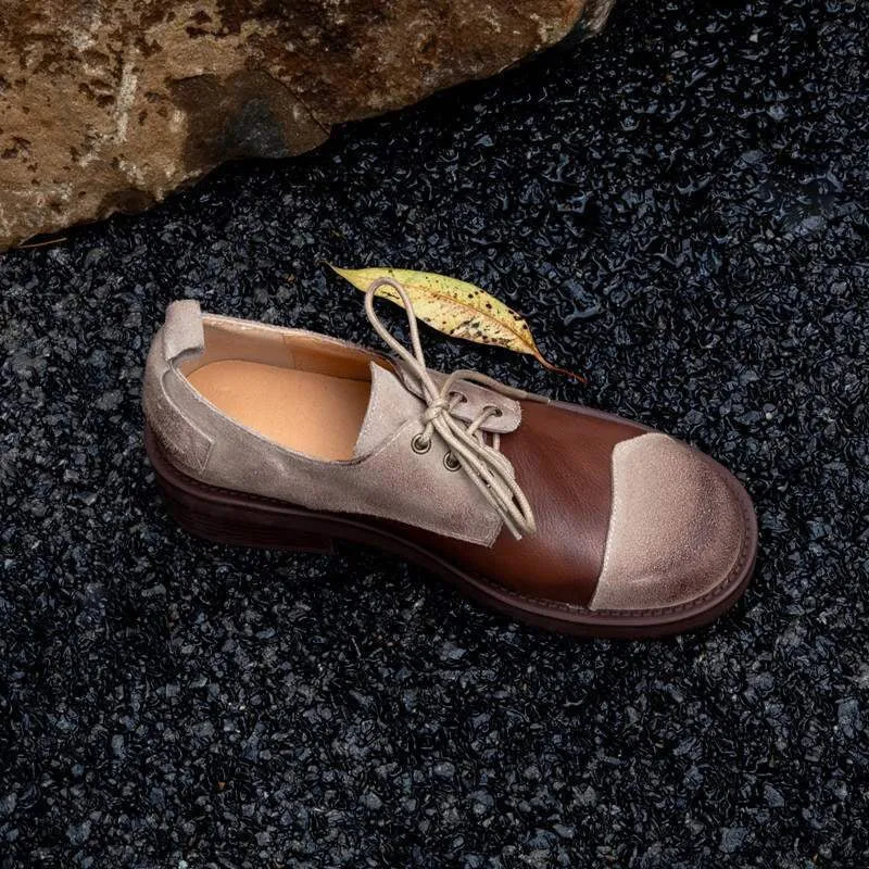 Soft Cow Leather Round Toe Flat Lace Up Oxfords for Women in Black/Brown