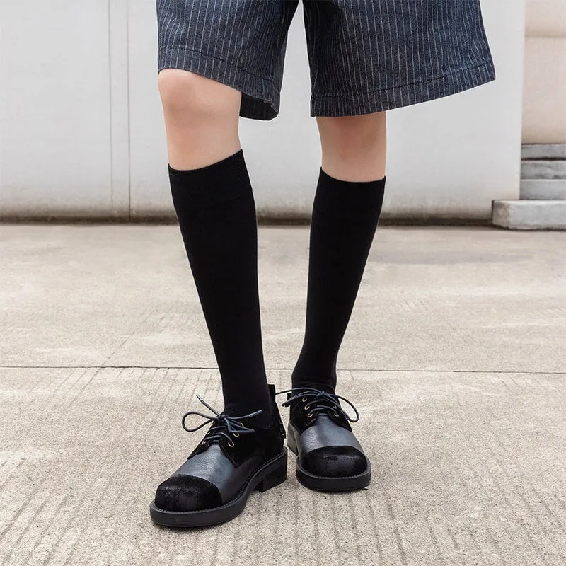 Soft Cow Leather Round Toe Flat Lace Up Oxfords for Women in Black/Brown