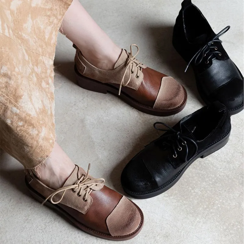Soft Cow Leather Round Toe Flat Lace Up Oxfords for Women in Black/Brown