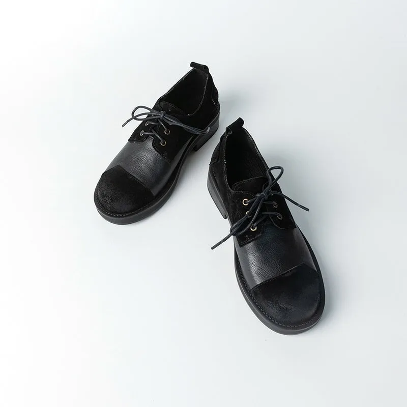Soft Cow Leather Round Toe Flat Lace Up Oxfords for Women in Black/Brown