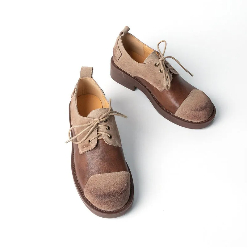 Soft Cow Leather Round Toe Flat Lace Up Oxfords for Women in Black/Brown